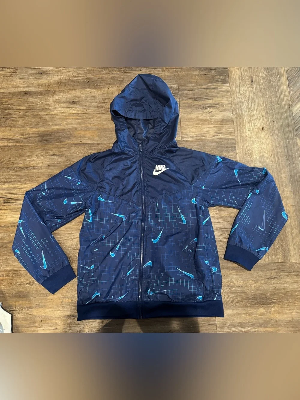 Nike Swooshfetti Blue Loose Fit Full Zip Hooded Windrunner Jacket Sz Youth XL